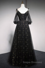 Black Straps Tulle Long Party Dress With Sleeves Evening Dress, Black A-Line Evening Prom Dress Party Dress
