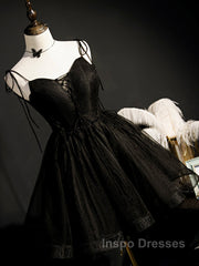 Black Straps Tulle Short Homecoming Dress Evening Prom Dress, Little Black Party Dress