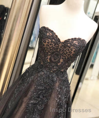 Black sweetheart neck tulle lace long Evening Prom Dress, black evening Dress