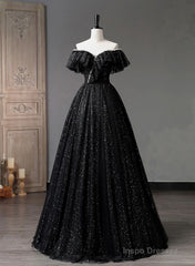 Black Tulle Beaded Long Formal Gown, Black Tulle A-line Prom Dress