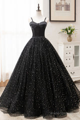 Black Tulle Long Prom Dress, Black Spaghetti Straps Formal Evening Gown