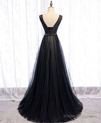 Black V Neck Tulle Lace Long Prom Dress Black Evening Dress