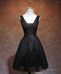 Black V Neck Tulle Lace Short Prom Dress, Black Homecoming Dresses