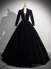 Black Velvet Long Sleeve V-neck Quinceanera Dress
