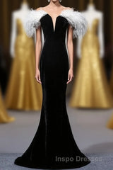Black Velvet Mermaid Evening Prom Dress with Feather, Off the Shoulder Long Evening Prom Gown