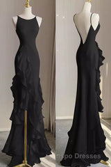 Simple Mermaid Evening Prom Gown With Ruffles, Spaghetti Straps Backless Dress For Date