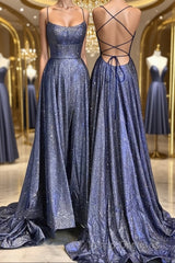 Bling Bling Backless Long Evening Prom Dress, Open Back Blue Long Formal Evening Dress