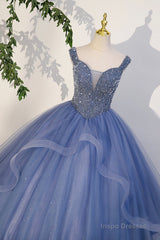 Blue Beaded Tulle Long A-Line Prom Dress, Blue Formal Dress