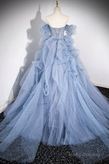 Blue Cascading Ruffles Long Prom Dresses, A-Line Strapless Short Sleeve Sweep Train Evening Dress