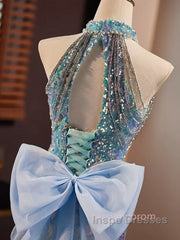 Blue Halter Beading Sequin Mermaid Evening Prom Dress With Detachable Bow