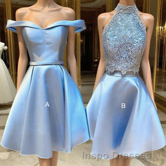 Blue lace satin short cocktail dress, blue homecoming dress