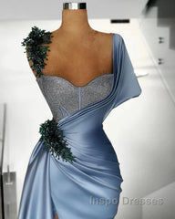 Blue Mermaid Sweetheart Satin Long Evening Prom Dress Beaded One Shoulder Formal Evening Dress