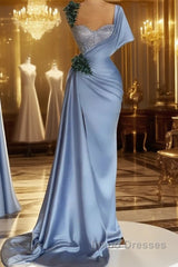 Blue Mermaid Sweetheart Satin Long Evening Prom Dress Beaded One Shoulder Formal Evening Dress