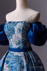 Blue Printed Long A-Line Prom Dress, Blue Off the Shoulder Formal Evening Dress