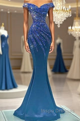 Blue Robe De Soiree Mermaid Off The Shoulder Beaded Crystals Long Evening Prom Dress Evening Prom Gown Evening Dress