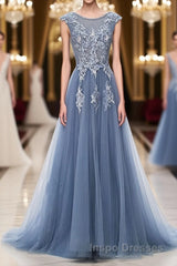 Blue round neck tulle lace applique long Evening Prom Dress, blue evening Dress