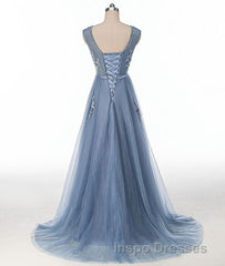 Blue round neck tulle lace applique long Evening Prom Dress, blue evening Dress