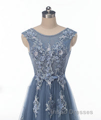 Blue round neck tulle lace applique long Evening Prom Dress, blue evening Dress