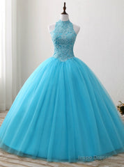 Blue Rulle Lace Appliques High Neck Backless Sweet 15 Dress