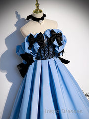 Blue satin lace long Evening Prom Dress blue satin evening Dress