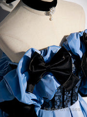 Blue satin lace long Evening Prom Dress blue satin evening Dress