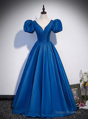 Blue Satin V-neck Puff Sleeve Backless Prom Dress
