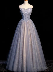 Blue Sequins Tulle Strapless Beading Prom Dress