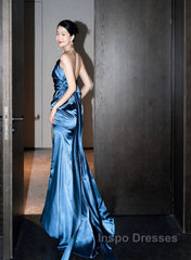 Blue Soft Satin Long Evening Prom Dress With Leg Slit, Blue Evening Dress Formal Dress