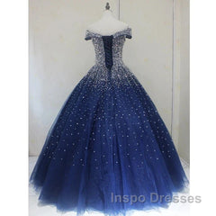 Blue Sparkle Off Shoulder Ball Party Dress Handmade Beaded Party Dress Elegant Evening Prom Dress Evening Dress