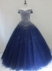 Blue Sparkle Off Shoulder Ball Party Dress , Handmade Beaded Party Dress