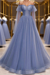 Blue sweetheart tulle sequin long Evening Prom Dress blue formal Dress