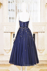 Blue Tea Length Tulle Evening Prom Dress, Blue Tulle Bridesmaid Dress