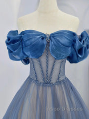 Blue Tulle Beaded Long Evening Prom Dress, Off The Shoulder Evening Party Dress