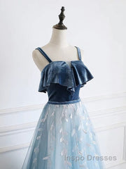 Blue tulle lace long Evening Prom Dress, blue tulle formal Dress