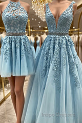 Blue Tulle Lace Evening Prom Dress, Blue Tulle Lace Formal Evening Dress