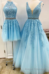 Blue Tulle Lace Evening Prom Dress, Blue Tulle Lace Formal Evening Dress