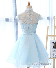 Blue tulle lace short Evening Prom Dress, blue tulle lace homecoming Dress