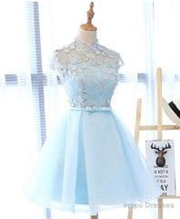 Blue tulle lace short prom dress, blue tulle lace homecoming dress