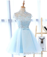 Blue tulle lace short Evening Prom Dress, blue tulle lace homecoming Dress