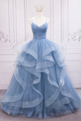 Blue Tulle Layers Long Formal Dress, Blue Tulle with Straps Party Dress