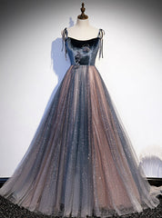 Blue Tulle Spaghetti Straps Beading Prom Dress