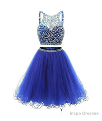 Blue two pieces tulle sequin beads short prom dress, blue homecoming