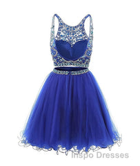 Blue two pieces tulle sequin beads short Evening Prom Dress, blue homecoming