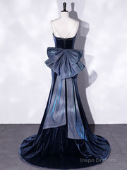 Blue Unique Mermaid Velvet Long Prom Dresses, Velvet Formal Evening Dresses