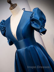 Blue v neck satin long Evening Prom Dress blue satin evening Dress