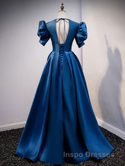 Blue v neck satin long Evening Prom Dress blue satin evening Dress