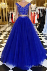 Blue v neck tulle beads two pieces long Evening Prom Dress, blue evening Dress