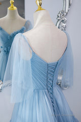 Blue V-Neck Tulle Long Prom Dress, A-Line Evening Party Dress