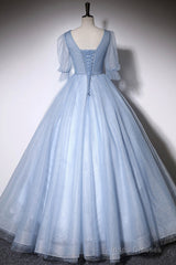 Blue V-Neck Tulle Long Prom Dress, A-Line Formal Evening Dress