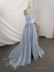 Blue V Neck Tulle Sequin Long Prom Dress, Blue Aline Formal Graduation Dress